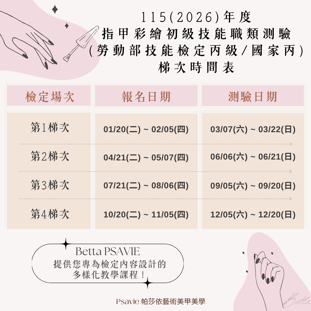 2026 指甲彩繪技能職類測驗 / 美甲國家丙考試時間表 - PSAVIE